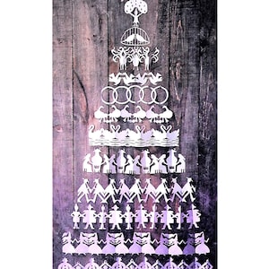 May include: A vertical rectangular print on a dark wood-grain background featuring the text PastPaperPretties at the top. Below, white paper-cut style silhouettes are arranged in a pyramid representing the Twelve Days of Christmas song.