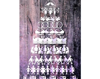 May include: A vertical rectangular print on a dark wood-grain background featuring the text PastPaperPretties at the top. Below, white paper-cut style silhouettes are arranged in a pyramid representing the Twelve Days of Christmas song.