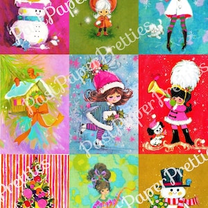 Imagens de cartões de Natal coloridos retrô dos anos 70 para impressão vintage, folha de colagem e cartões completos, meninas, bonecos de neve, PDF, download digital instantâneo, 300 dpi