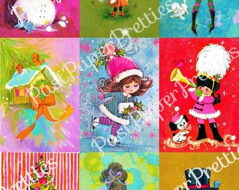 Vintage Printable Retro '70s Colorful Christmas Card Images Collage Sheet & Full Cards Girls Snowmen PDF Instant Digital Download 300 dpi