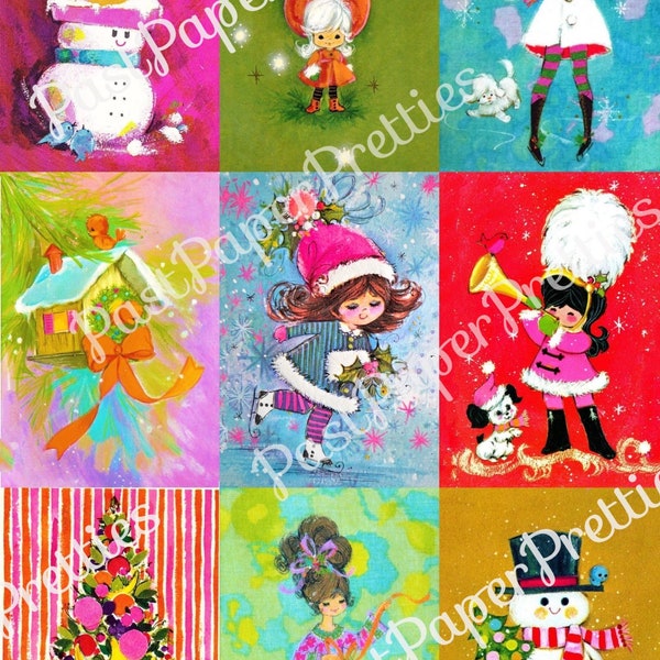 Vintage Printable Retro '70s Colorful Christmas Card Images Collage Sheet & Full Cards Girls Snowmen PDF Instant Digital Download 300 dpi