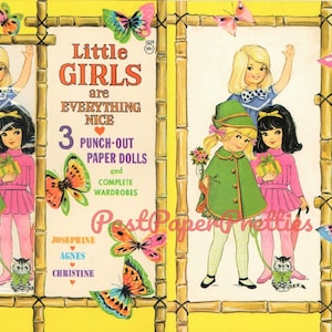 Bambole di carta vintage Le bambine sono tutto carino c. 1960 PDF stampabile Download digitale istantaneo 3 graziose ragazze kawaii Clip Art