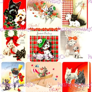 27 vintage afdrukbare kerst Scottie Dog-collagebladen en volledige kaartafbeeldingen pdf-bestand directe digitale download schattige MCM vakantiepuppy's clipart