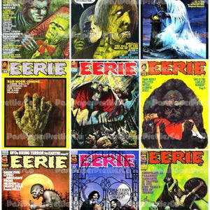 May include: Nine vintage "Eerie" comic book covers. The covers feature illustrations of monsters, zombies, and other horror themes. The comic book covers are in various colors, including green, red, and yellow.