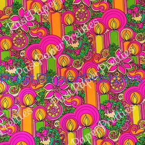 Carta da regalo natalizia stampabile vintage, retro, groovy, mod, candele funky, ghirlande, c. 1968, download digitale istantaneo, carta da regalo luminosa e festiva