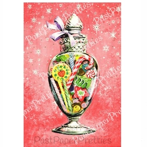 Image de carte postale imprimable en pot de bonbons de Noël à l'ancienne vintage c. Années 1950, téléchargement numérique instantané, Kitsch, carafe, bocal en verre, vacances, clipart