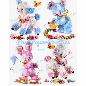 Vintage Retro Berçário Bebê Fofo Urso Coelho Cordeiros Decalques Imagens Colagem Folha Instantâneo Download Digital Bonito Kitsch Animais Flores 1950s