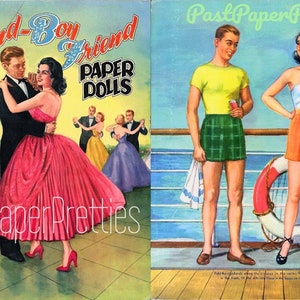 May include: A vintage paper doll set featuring a couple in two different outfits. The first outfit is a formal dance attire, and the second outfit is a casual summer look. The paper dolls are printed on a colorful background with the title "Girl Friend-Boy Friend Paper Dolls" and the company name "Past Paper Pretties".
