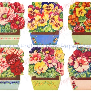 Imágenes de tarjetas de felicitación con bonitas macetas con flores para ventana, imprimibles, de la década de 1950, descarga digital instantánea en formato PDF, imágenes prediseñadas florales de cestas de primavera
