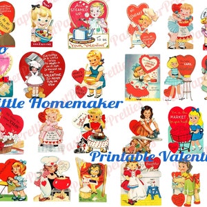 31 vintage retro Little Homemaker-thema Valentijnskaarten Koken Schoonmaken Wassen Collagevellen Afdrukbare PDF Instant Digitale Download