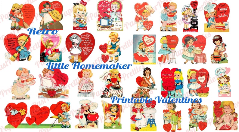 Vintage Retro Little Homemaker Themed Valentine Cards Cooking Cleaning Washing Collage Sheets Printable PDF Instant Digital Download image 1
