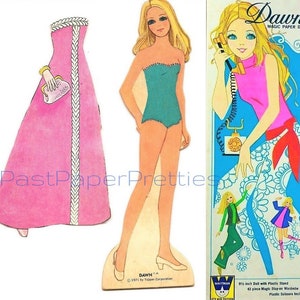 Vintage Papierpuppen Dawn Magic Papierpuppe 1971 Druckbare PDF Sofortiger digitaler Download Groovy Mod Kindheit Spielzeug Modepuppe Clip Art Z1