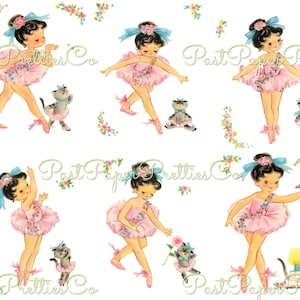 Vintage druckbare kleine Mädchen Ballerina Geburtstagskarte Collage & Einzelbilder PDF Sofortiger digitaler Download Süße Tänzerin Clipart