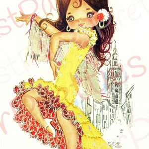 Vintage Printable Pretty Big Eyed Spanish Dancer Girls 1970s Postcard Images PDF Instant Digital Download Kitsch Fabric Dresses 300 dpi image 7