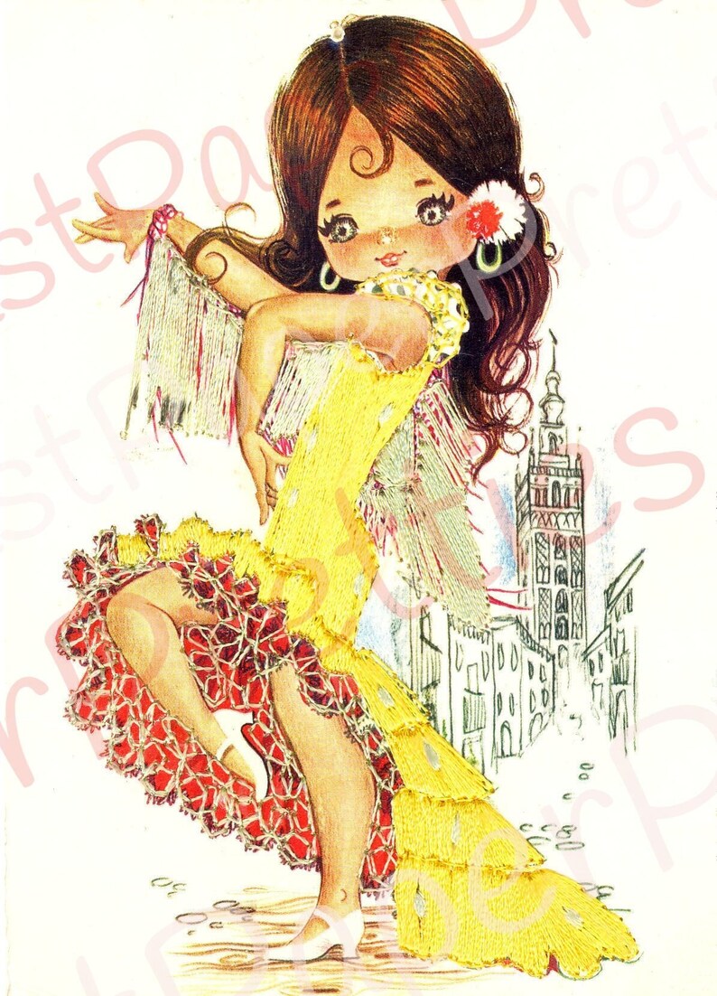 Vintage Printable Pretty Big Eyed Spanish Dancer Girls 1970s Postcard Images PDF Instant Digital Download Kitsch Fabric Dresses 300 dpi image 7