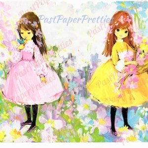 Vintage jolies jeunes filles mod imprimable fleurs printanières carte Images PDF téléchargement numérique instantané aquarelle florale petites dames 300 dpi