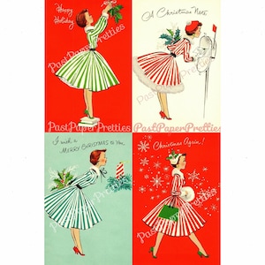 Vintage druckbare hübsche Miss Peppermint Damen Weihnachtskarte Bilder PDF Sofortiger digitaler Download Retro Urlaub Hausfrauen SET VIER