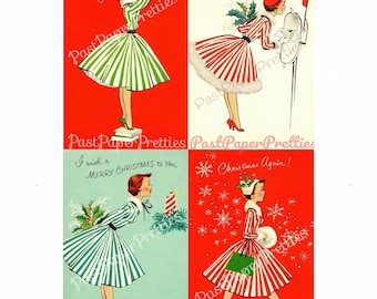 Vintage Printable Pretty Miss Peppermint Ladies Christmas Card Images PDF Instant Digital Download Retro Holiday Housewives SET FOUR