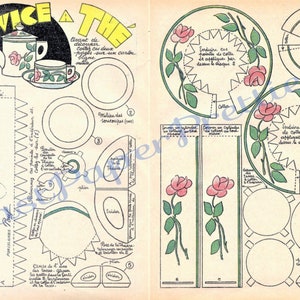 Set da tè in carta stampabile vintage, ritagliabile e assemblabile, download digitale istantaneo, tazze da teiera con fiori di rosa antica, piattini