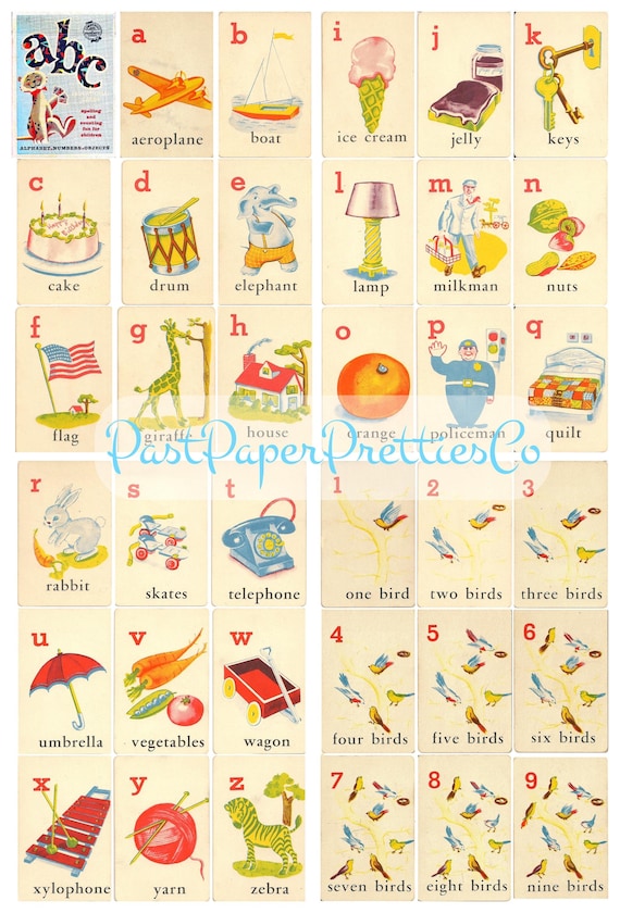 Vintage Printable ABC Flash Cards Illustrated 123 Alphabet Letters Numbers 1950s PDF Instant Digital Download Childs Learning Game Images