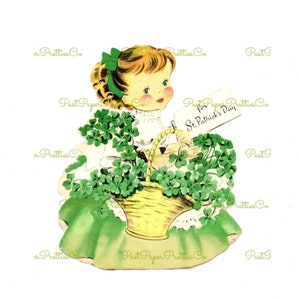 Vintage image de carte de la Saint-Patrick Jolie petite fille irlandaise avec panier de trèfle Imprimable en téléchargement numérique instantané PNG JPEG