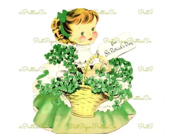 Vintage St. Patricks Day Card Image Pretty Little Irish Girl Lass with Shamrock Basket Printable Instant Digital Download PNG JPEG
