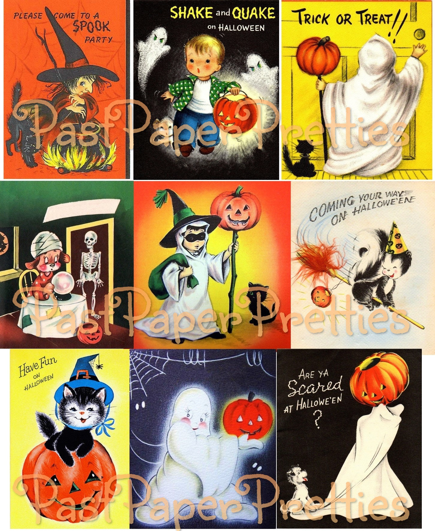 Vintage Halloween Printable Collage Cards Retro Mid Century Etsy