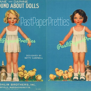 Vintage antieke papieren poppen Diane en Daphne The Round About Dolls c. 1933 Afdrukbare pdf Instant digitale download illustraties schattige kleine meisjes