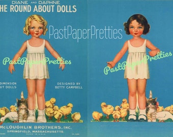 Antika pappersdockor Diane och Daphne, The Round About Dolls 1933, utskrivbar PDF, direkt digital nedladdning, söta små flickor, clipart