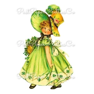 Vintage St. Patricks Day carte Image victorienne impertinente Little Miss Irish Girl avec bonnet Imprimable en téléchargement numérique instantané PNG JPEG