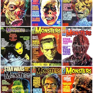 May include: A collage of vintage "Famous Monsters" magazine covers. The covers feature illustrations of classic movie monsters like Frankenstein, the Phantom, and aliens, with bold text and vibrant colors.