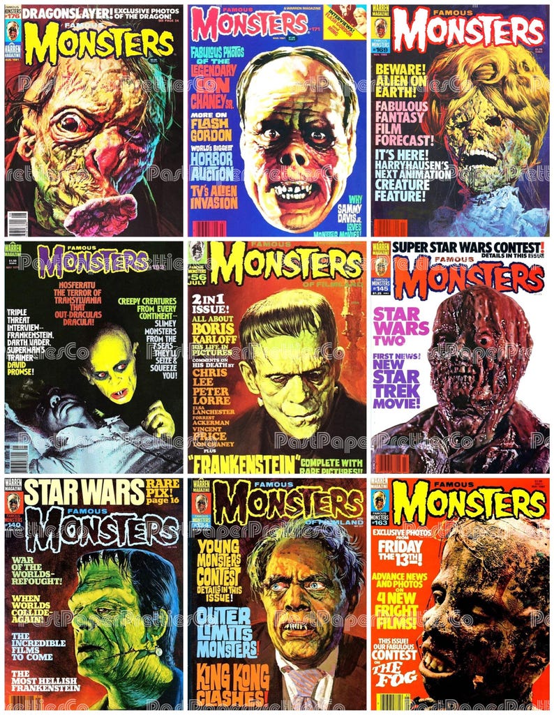 May include: A collage of vintage "Famous Monsters" magazine covers. The covers feature illustrations of classic movie monsters like Frankenstein, the Phantom, and aliens, with bold text and vibrant colors.