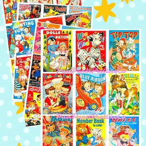 Vintage afdrukbare Retro MCM schattige kinder kleurboekomslagen collage blad afbeeldingen pdf Instant digitale download kinder dieren boek illustraties