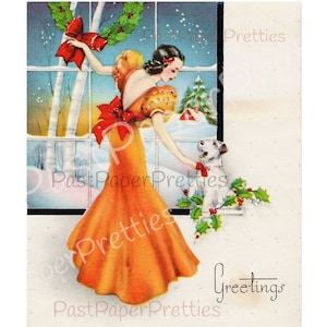 Vintage carte de Noël imprimable Jolie femme art déco et image de chien c. Images clipart belle jeune femme des années 1920 en téléchargement numérique
