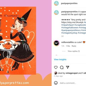 May include: Vintage Halloween card featuring two witches in black dresses and pointy hats, sitting at a table with a teapot and teacups. The card has an orange background with white polka dots and the text "ON HALLOWEEN."