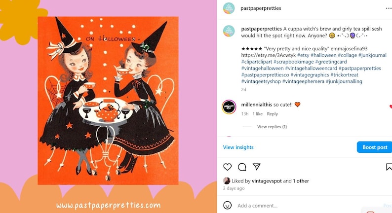 May include: Vintage Halloween card featuring two witches in black dresses and pointy hats, sitting at a table with a teapot and teacups. The card has an orange background with white polka dots and the text "ON HALLOWEEN."