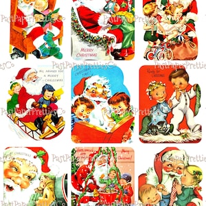 Imagens de cartão infantil vintage para impressão de Natal, Papai Noel e crianças, 3 tamanhos, PDF, download digital instantâneo, MCM, tudo o que eu quero para o Natal, clipart
