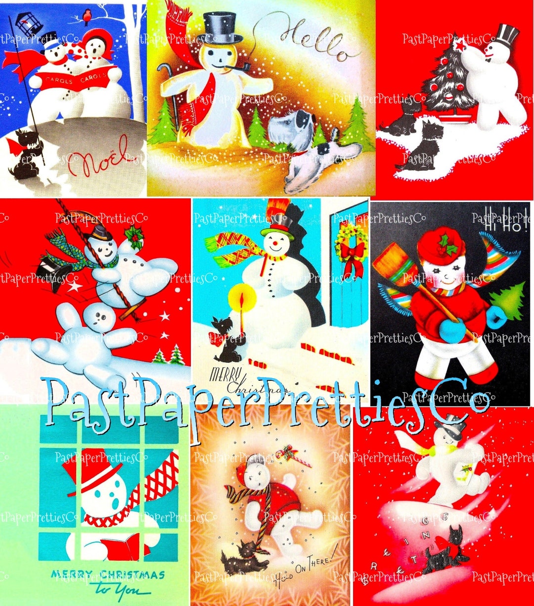 27 Vintage Art Deco Snowman Christmas Collage Sheet & Full Cards ...