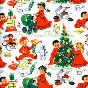 Vintage Printable Christmas Gift Wrap Christmas Morning Children Toys Wrapping Paper Collage Sheet Instant Digital Download Holiday Clipart