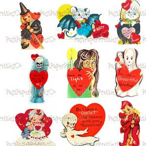 May include: A set of ten vintage Valentine's Day cards featuring various characters and themes, including a witch, a skeleton, a ghost, a vampire, and a devil. The cards are printed on thick paper and have a distressed look. The text on the cards includes phrases like "You're the light of my life" and "I'm batty about you."