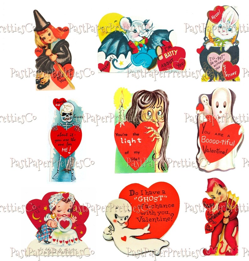 May include: A set of ten vintage Valentine's Day cards featuring various characters and themes, including a witch, a skeleton, a ghost, a vampire, and a devil. The cards are printed on thick paper and have a distressed look. The text on the cards includes phrases like "You're the light of my life" and "I'm batty about you."