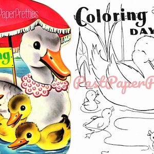 May include: A black and white coloring page featuring a mother duck and her ducklings. The mother duck is holding an umbrella over her ducklings. The text "Coloring Day" is written on a sign in the image.