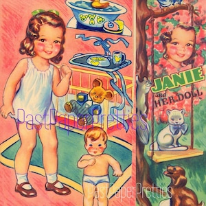 Muñecas de papel antiguas Janie y su muñeca c. 1944 Adorable niña pequeña PDF imprimible Descarga digital instantánea Linda niña pequeña kitsch Clip Art