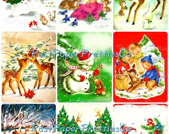 May include: A collage of vintage Christmas images featuring a snowman, deer, and a baby in a manger. The images are in a variety of colors, including red, green, blue, and white. The images are surrounded by a white border.