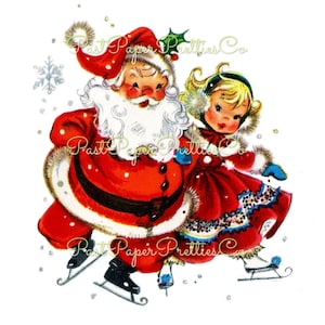 Vintage druckbare Skating Santa & kleine Fräulein süße Mädchen Weihnachtskarte Bild Retro 1950er Jahre Sofortiger digitaler Download Kitsch Clipart JPEG PNG