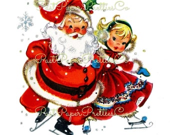 Vintage Printable Skating Santa & Little Miss Cute Girl Christmas Card Image Retro 1950s Instant Digital Download Kitsch Clipart JPEG PNG