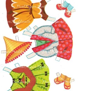 May include: A vintage paper doll set with various outfits and accessories. The set includes a yellow dress with brown trim, a red and white polka dot dress, a green dress with brown trim, a straw hat with red pom-poms, and two pairs of red shoes.