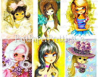 Vintage afdrukbare Retro Big Eyed Mod Girls Groovy Jaren 1970 Swap Card Collage Beelden PDF Instant Digitale Download Leuke Kitsch Jaren 70 Clipart