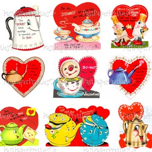 May include: Ten vintage Valentine's Day cards featuring teapots, teacups, and donuts. The cards are red, pink, and blue with white accents. The cards have various messages, including "I'm all steamed up for you", "You suit me to a tea", "Please do-nut say no", and "Just boiling over with love for you".