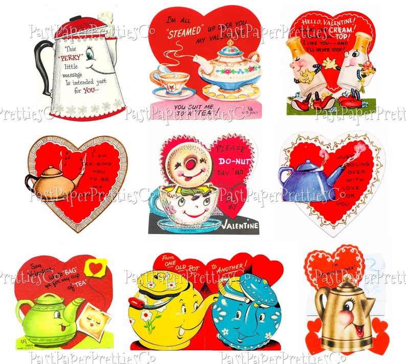 May include: Ten vintage Valentine's Day cards featuring teapots, teacups, and donuts. The cards are red, pink, and blue with white accents. The cards have various messages, including "I'm all steamed up for you", "You suit me to a tea", "Please do-nut say no", and "Just boiling over with love for you".